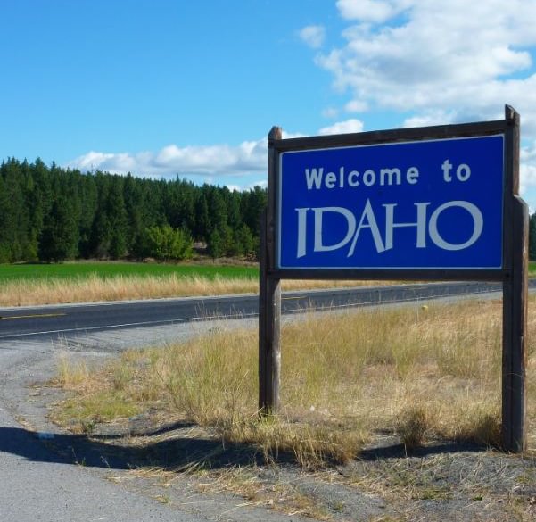 Blue "Welcome to Idaho" sign beside a rural highway with dry grass, a green field and a dense conifer forest under blue sky.