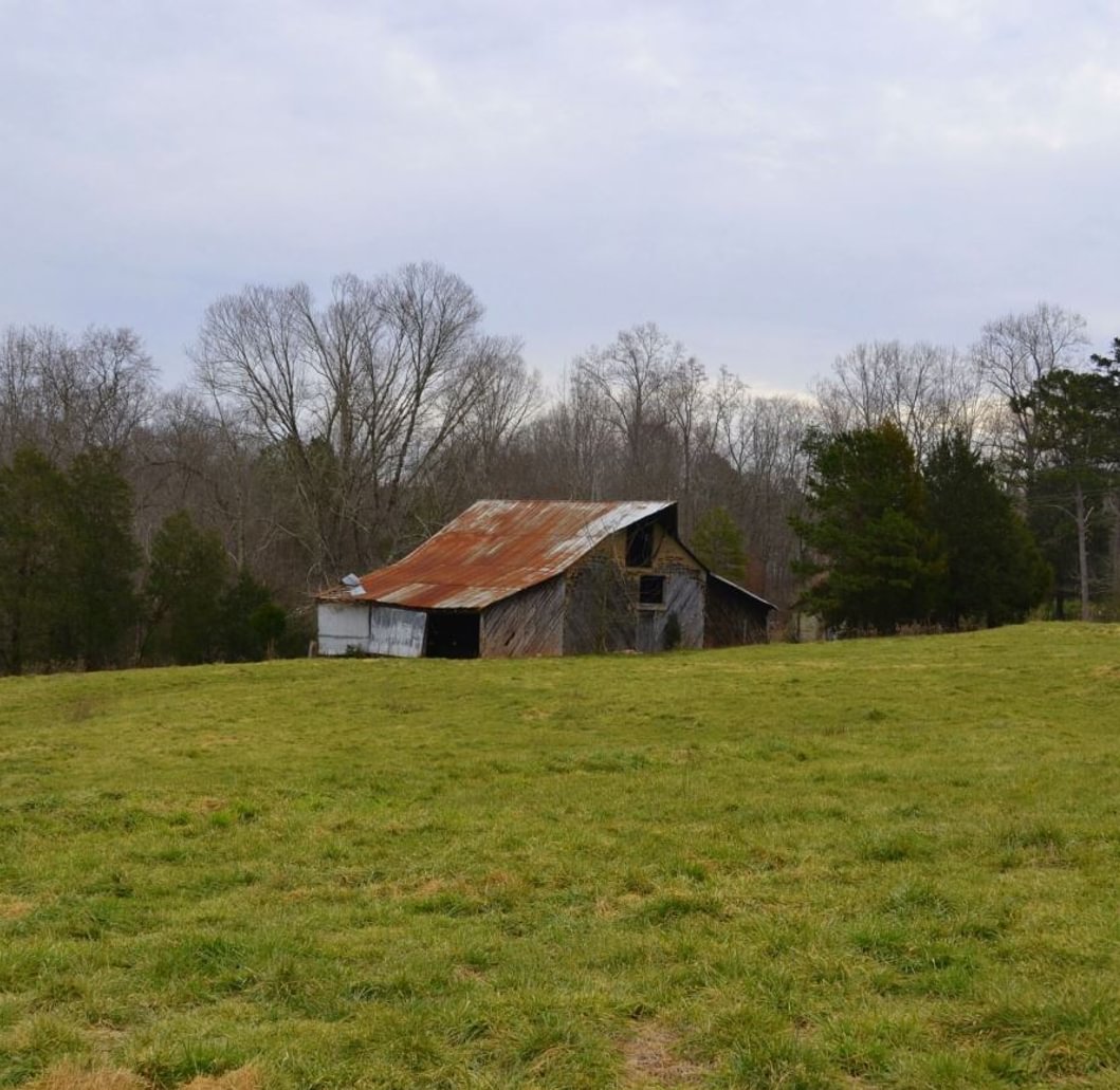 Weathered wooden barn with a rusted metal roof on a grassy pasture, backed by bare hardwoods and evergreens in late winter.
